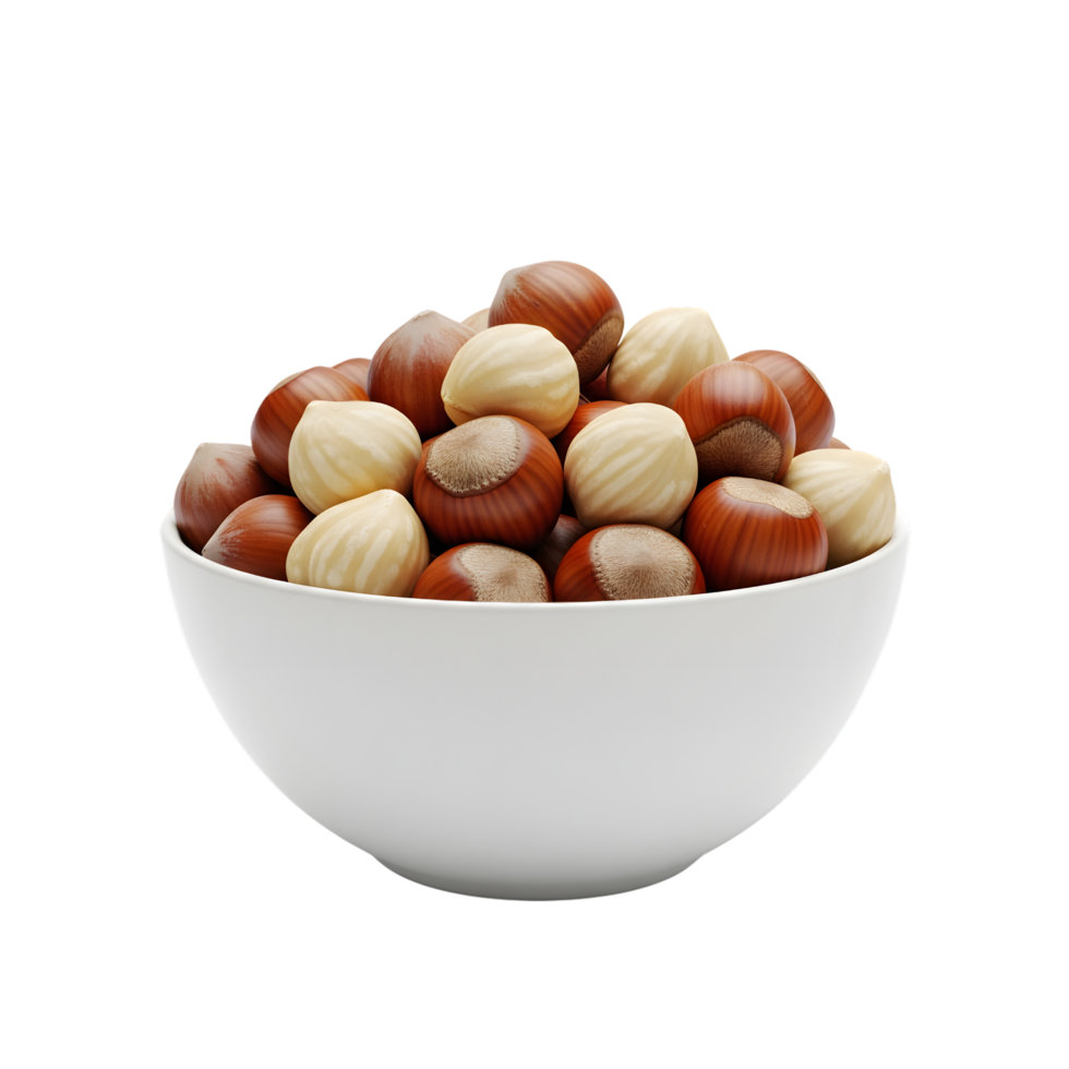 A white bowl filled with a mix of shelled and unshelled hazelnuts showcasing their natural textures and colors isolated on transparent background png