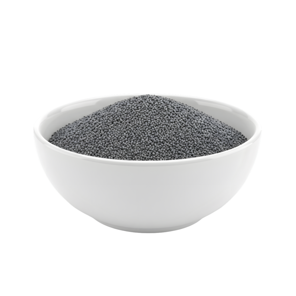 A white ceramic bowl filled with a generous mound of tiny dark blue poppy seeds isolated on transparent background png