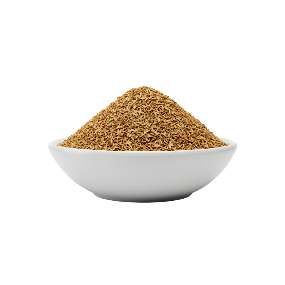 A white bowl filled with a generous portion of dried ground ginger spice isolated on transparent background png