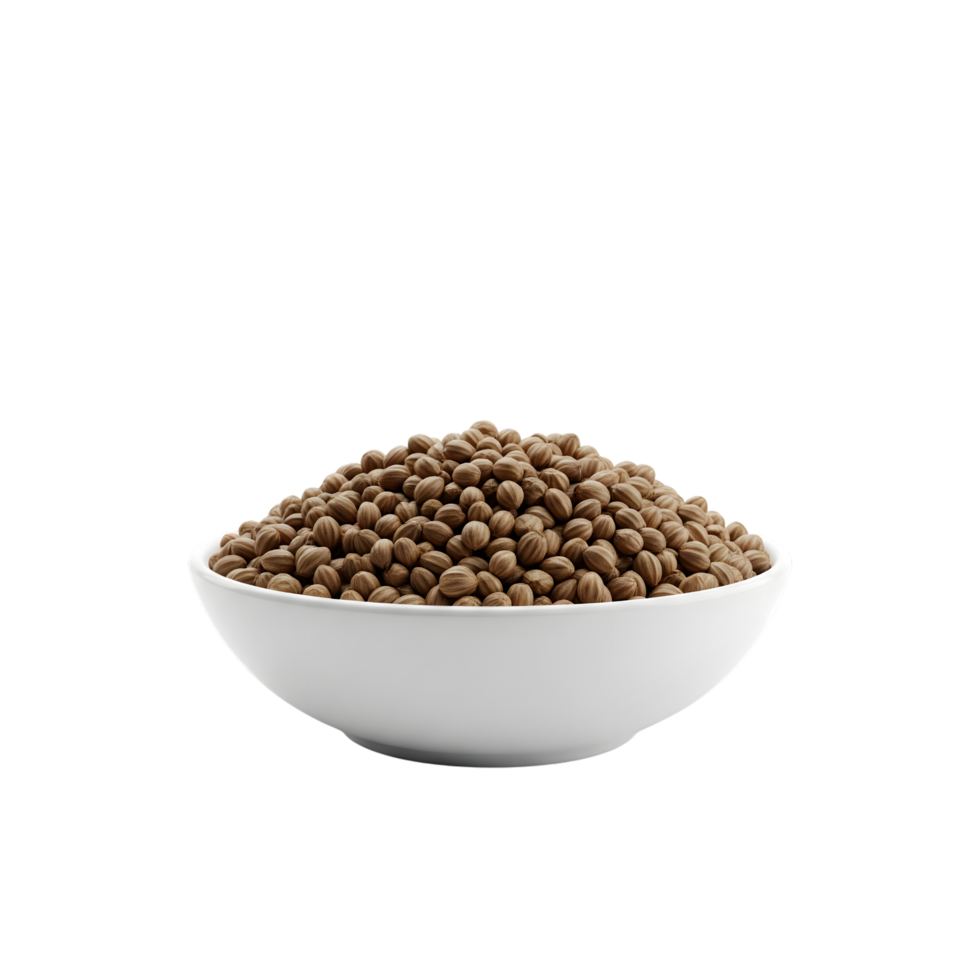 A white ceramic bowl filled with a generous portion of small round brown coriander seeds isolated on transparent background png