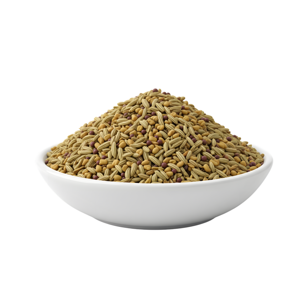A white ceramic bowl filled with a generous mound of fennel seeds and mustard seeds isolated on transparent background png