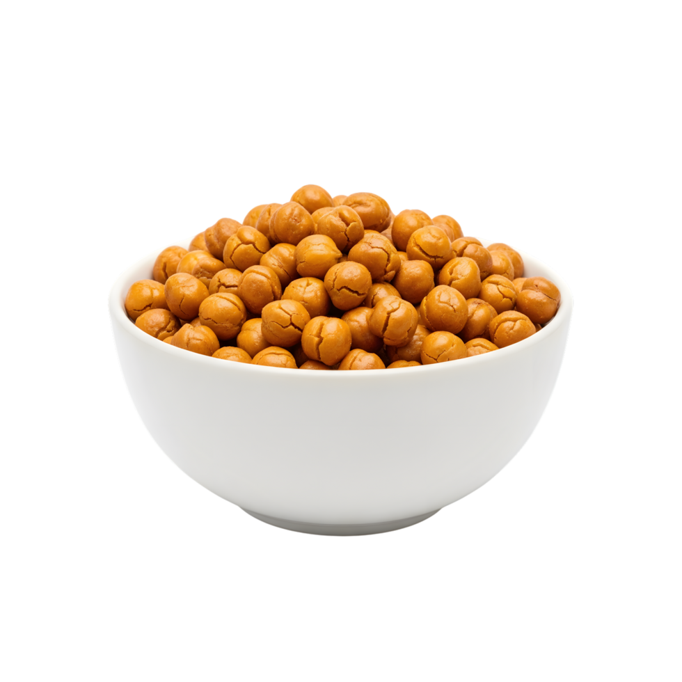 A white bowl overflowing with golden roasted chickpeas showcasing their textured surface and isolated on transparent background png