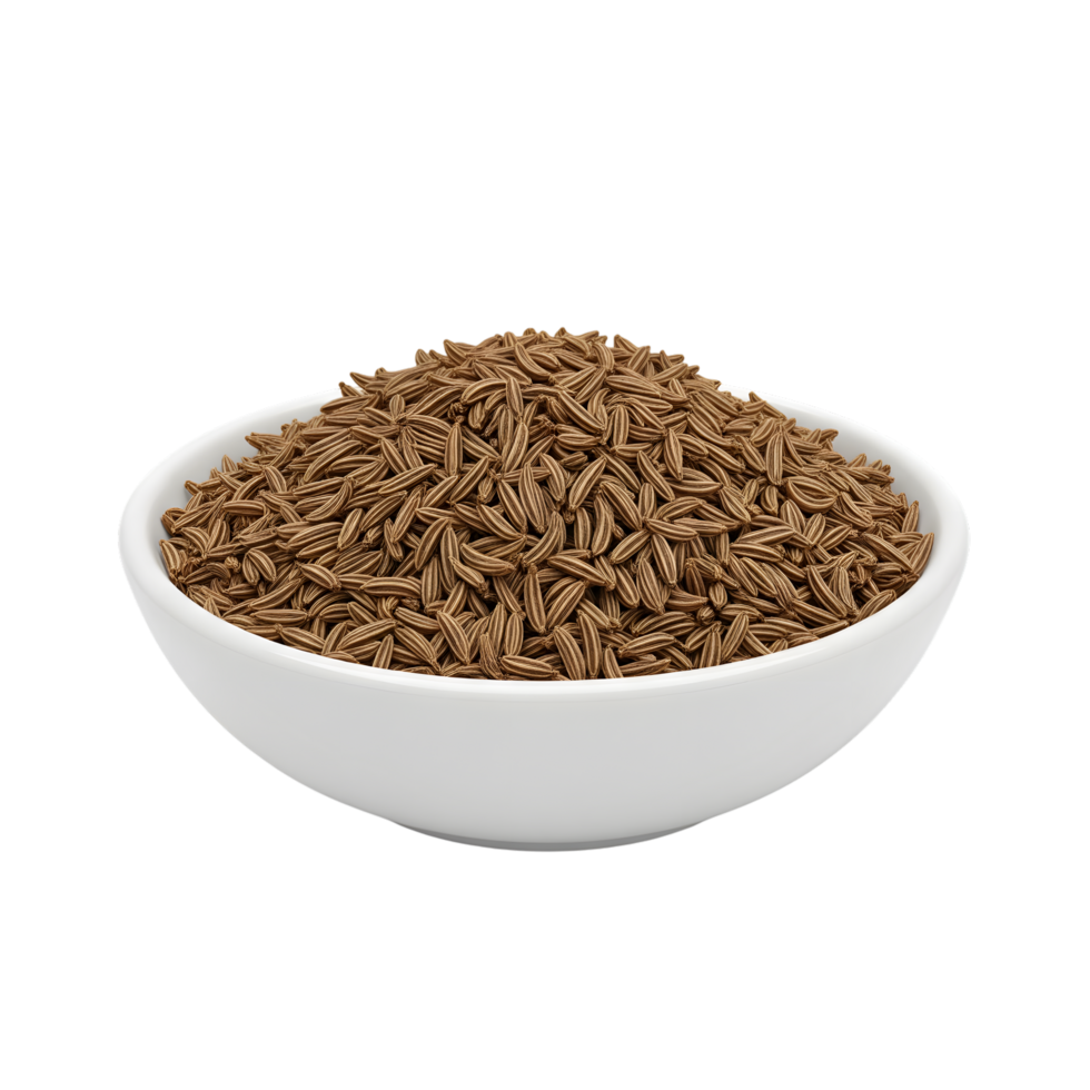 A white bowl filled with a generous portion of dried cumin seeds showcasing their distinctive elongated shape and brown color isolated on transparent background png