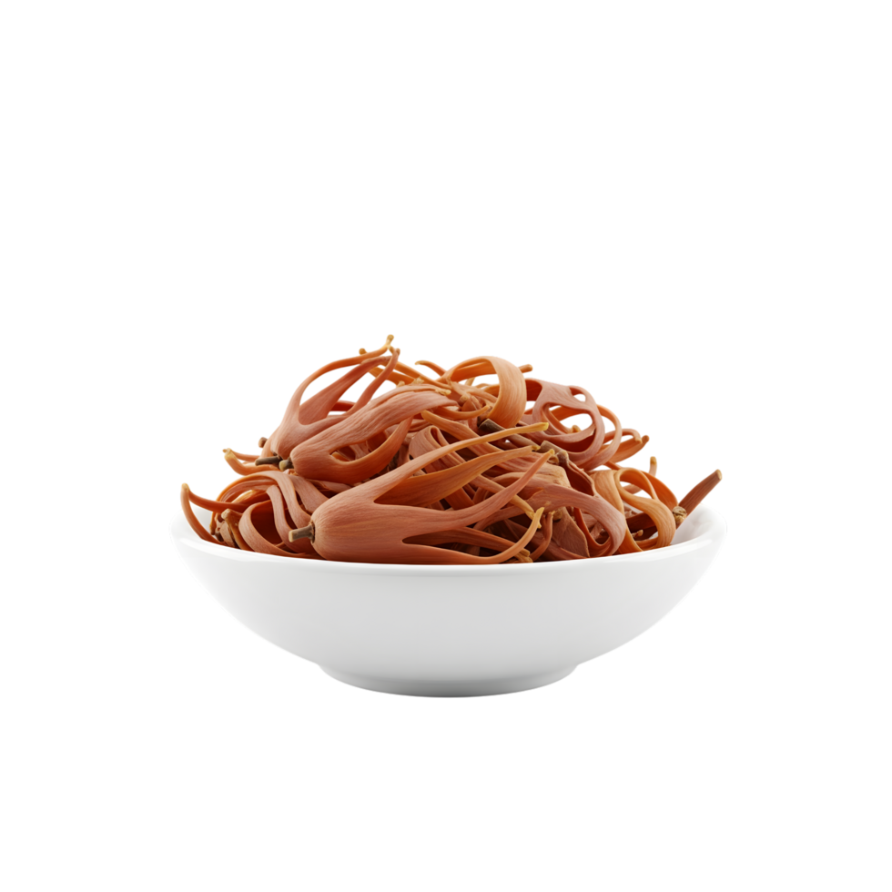 A white bowl filled with dried mace filaments showcasing their intricate curled orange strands isolated on transparent background png