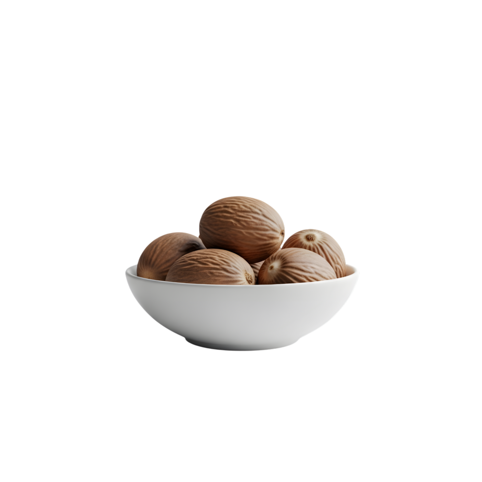 A white ceramic bowl filled with whole brown nutmeg seeds showcasing their textured surfaces and isolated on transparent background png
