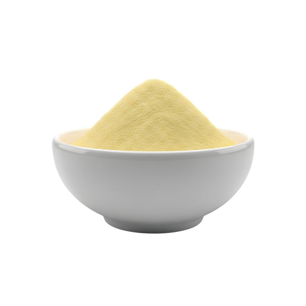 A pristine white bowl filled with a generous mound of fine yellow powder isolated on transparent background png