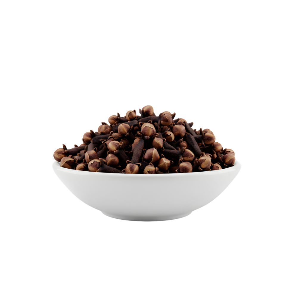 A white ceramic bowl filled with a generous pile of dried whole cloves a warm brown spice isolated on transparent background png