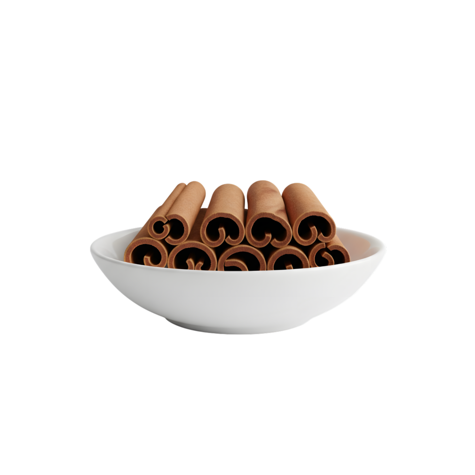 A white ceramic bowl filled with rolled cinnamon sticks showcasing their warm brown color and textured surface isolated on transparent background png