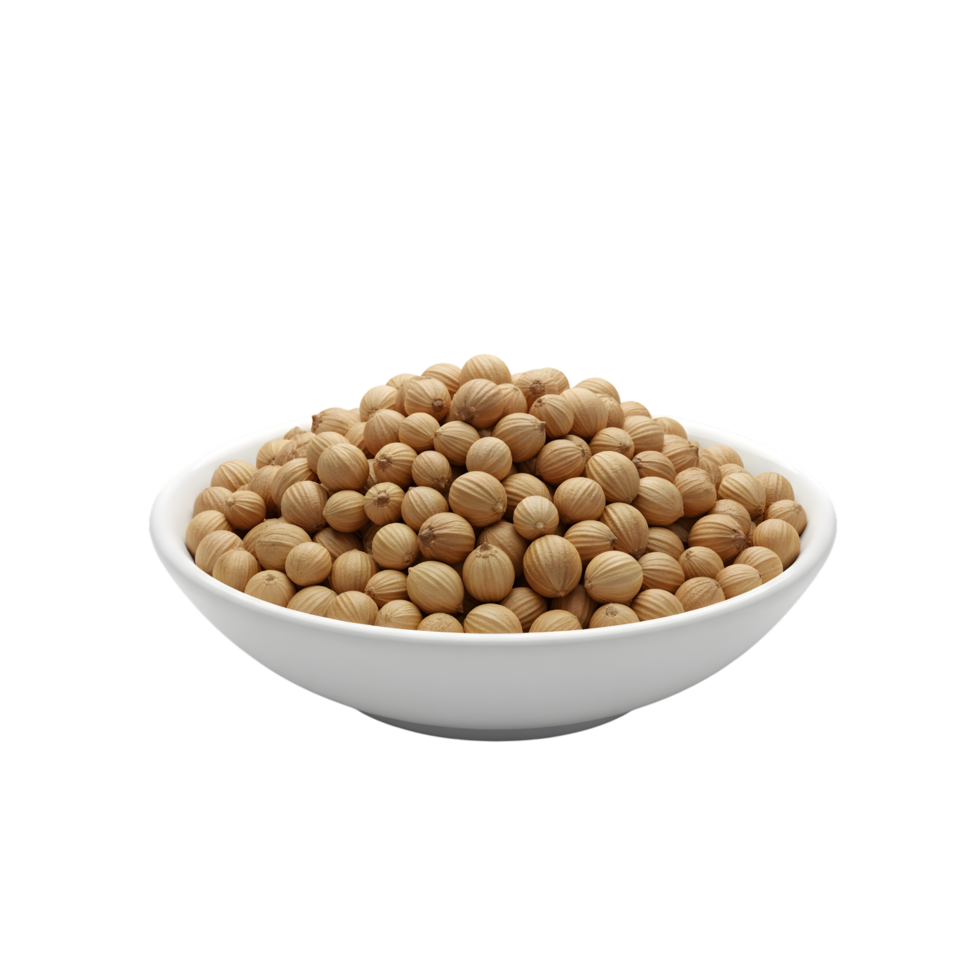 A white ceramic bowl overflowing with dried whole coriander seeds showcasing their textured spherical shape and light brown color isolated on transparent background png