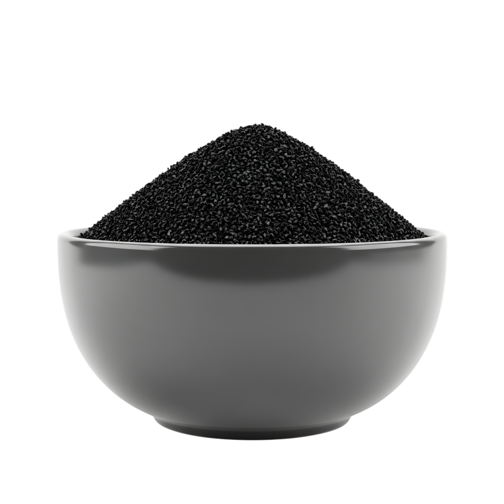 A white ceramic bowl filled with a generous mound of black sesame seeds isolated on transparent background png