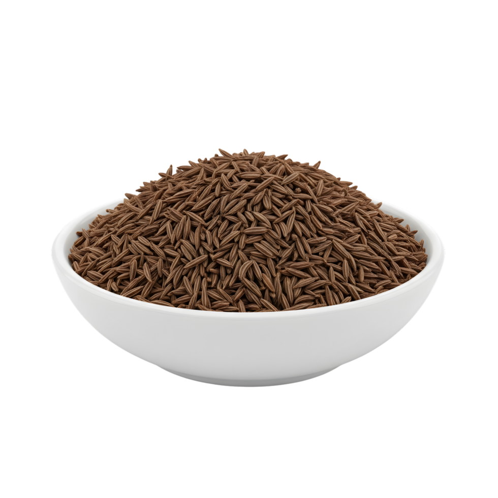 A white ceramic bowl filled with a generous mound of caraway seeds showcasing their distinct elongated shape and brown color isolated on transparent background png
