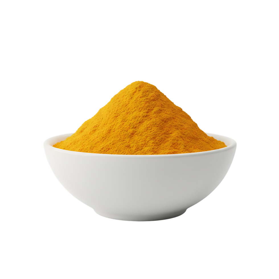 A white bowl filled with vibrant yellow turmeric powder showcasing its fine texture and rich color isolated on transparent background png