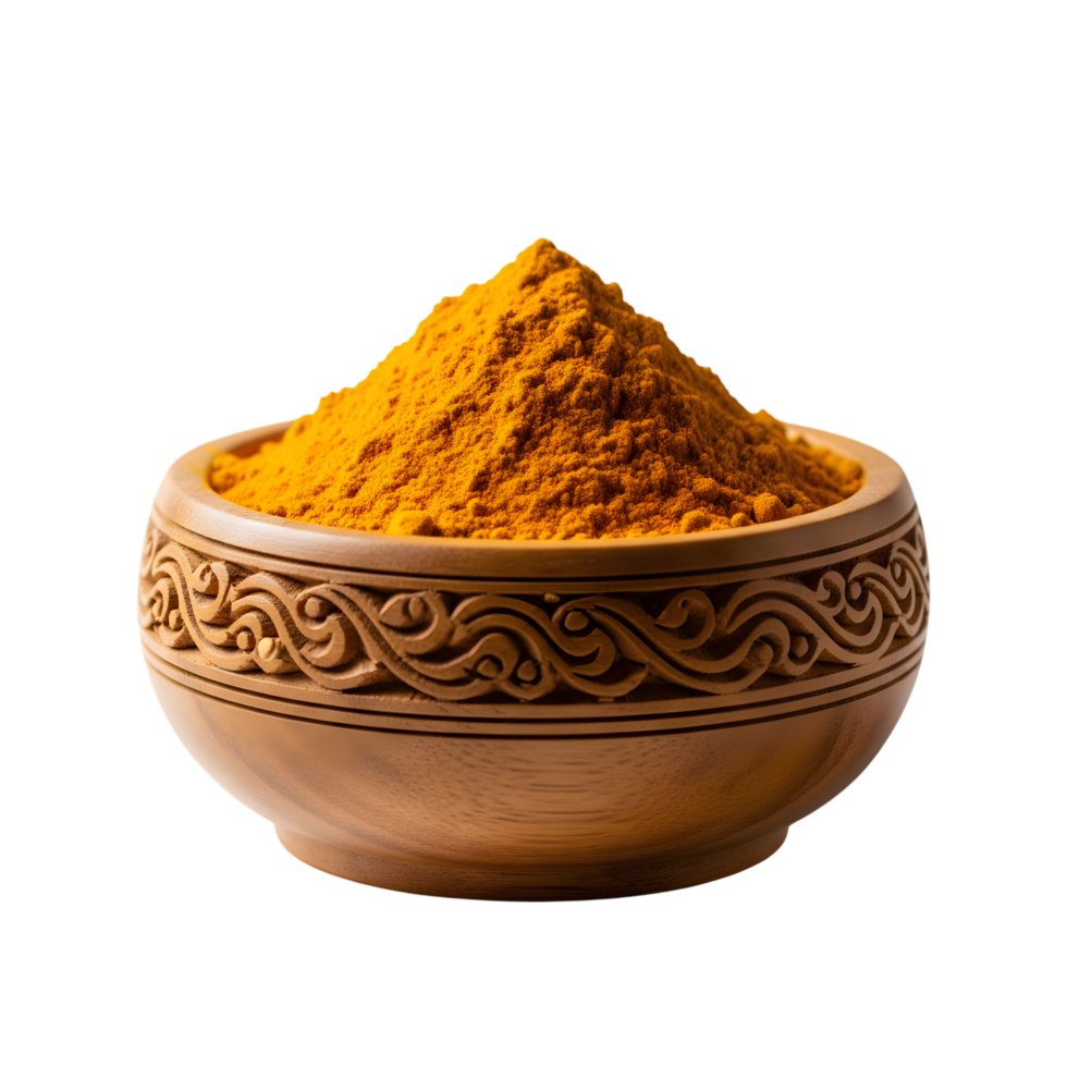 A beautifully carved wooden bowl filled with vibrant golden turmeric powder showcasing intricate patterns and rich texture isolated on transparent background png