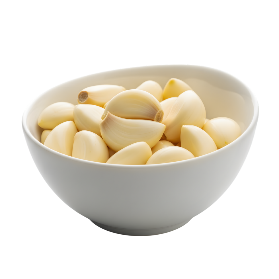 A white bowl filled with peeled garlic cloves showcasing their pale yellow and creamy white texture isolated on transparent background png