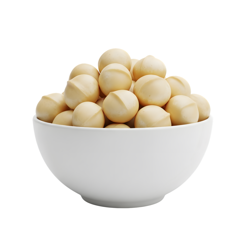 A white bowl filled with creamy white macadamia nuts presented on a transparent background showcasing their smooth texture and natural shape isolated on transparent background png