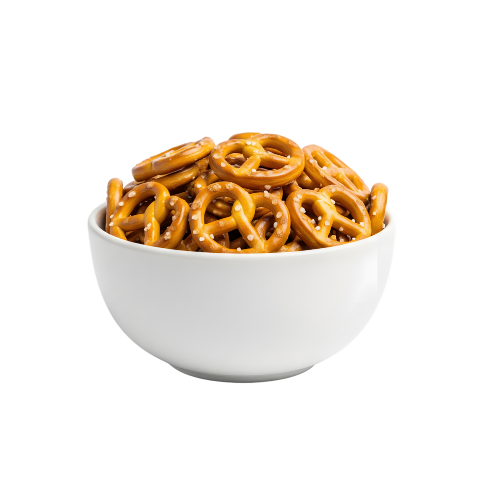 A white bowl filled with golden brown mini pretzels sprinkled with coarse salt isolated on transparent background png