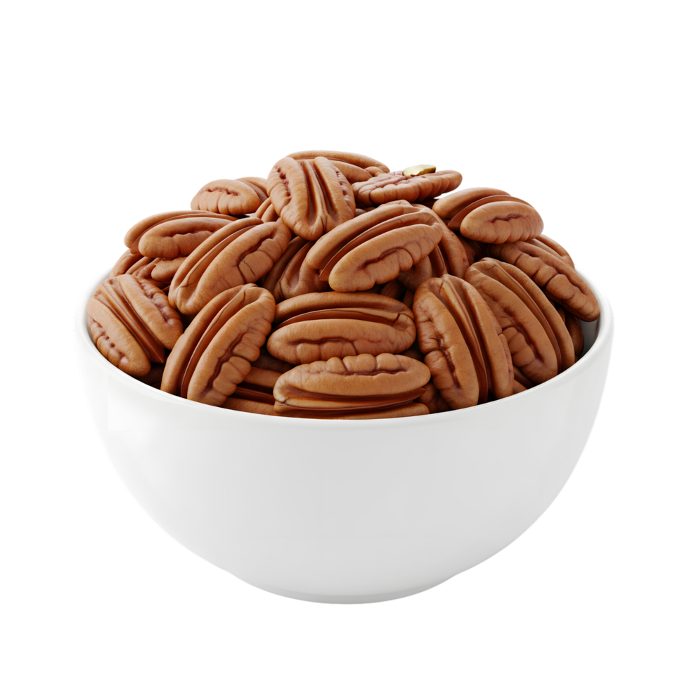 A generous serving of delicious whole pecan nuts piled high in a clean white bowl isolated on transparent background png