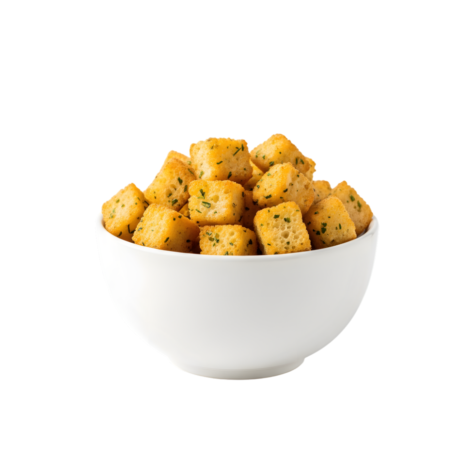 A white bowl filled with golden brown seasoned croutons sprinkled with green herbs isolated on transparent background png