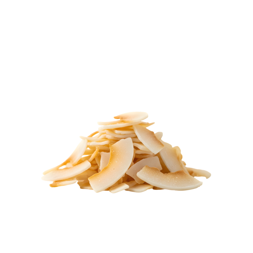 A pile of golden toasted coconut flakes with lightly browned edges showcasing their delicate texture and natural sweetness isolated on transparent background png