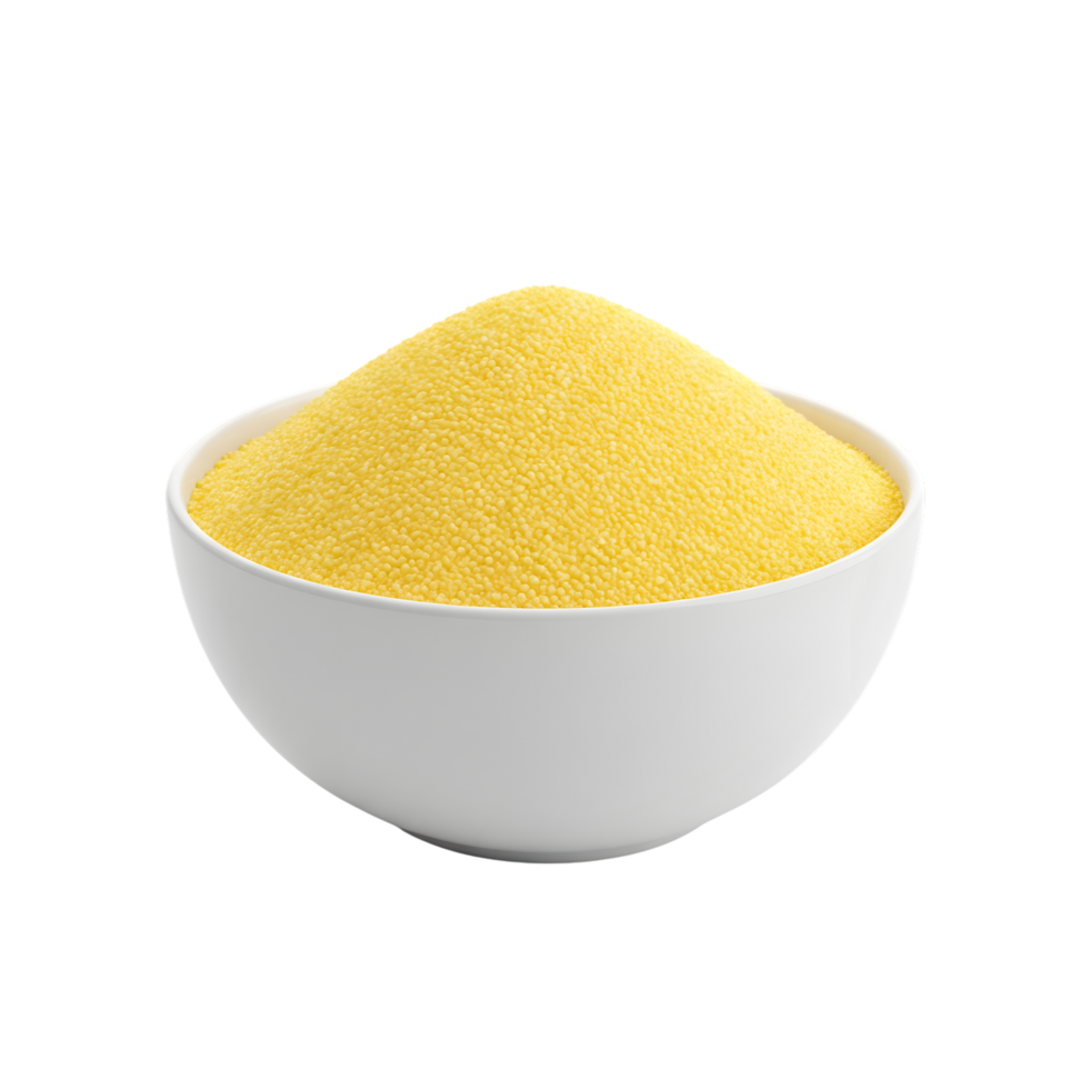 A white ceramic bowl overflowing with golden yellow couscous grains presented isolated on transparent background for culinary use png