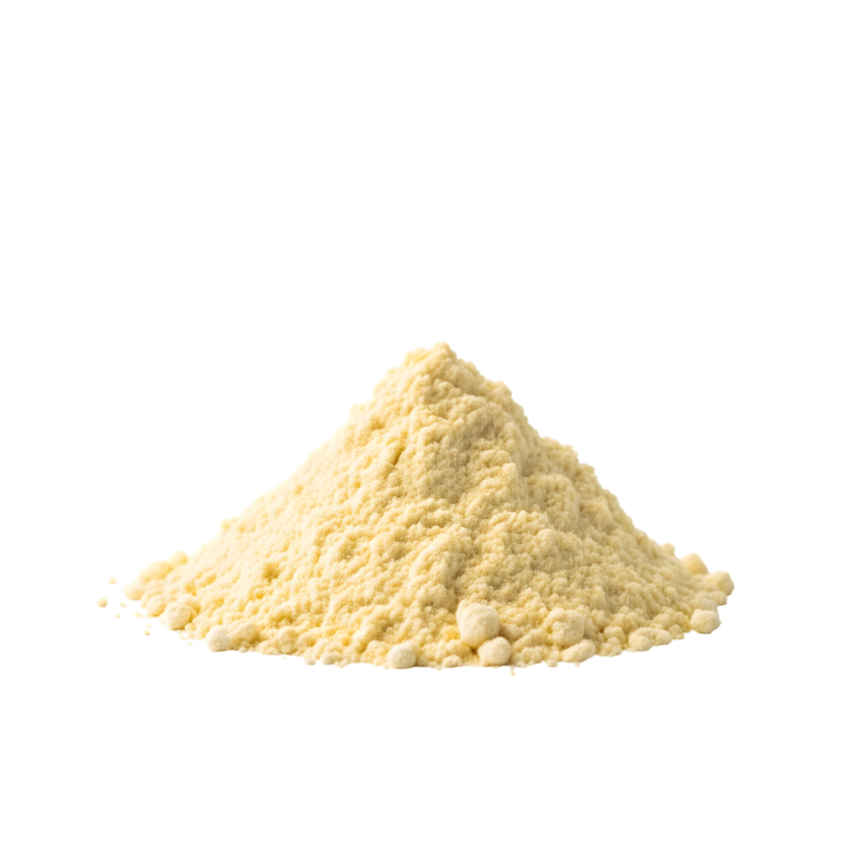 A small pile of fine yellow powder with a slightly clumpy texture isolated on a transparent background for easy compositing isolated on transparent background png
