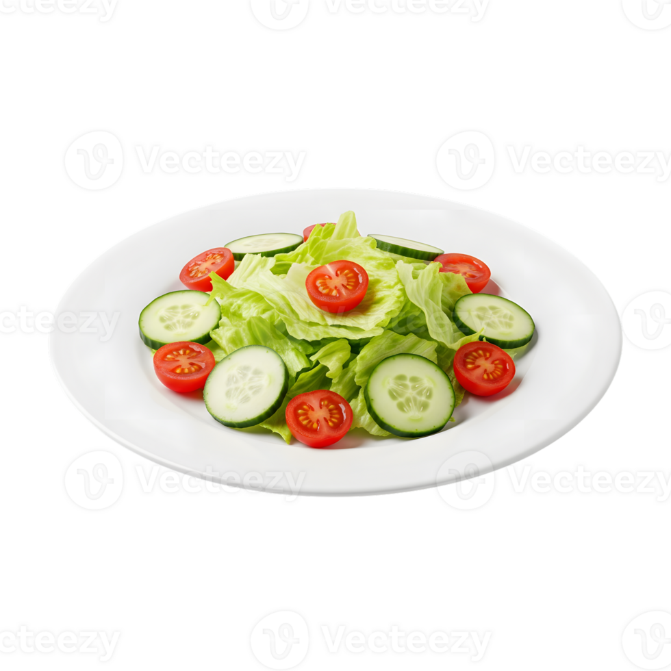 Fresh green lettuce salad with sliced cucumbers and cherry tomatoes on a white plate isolated on transparent background png