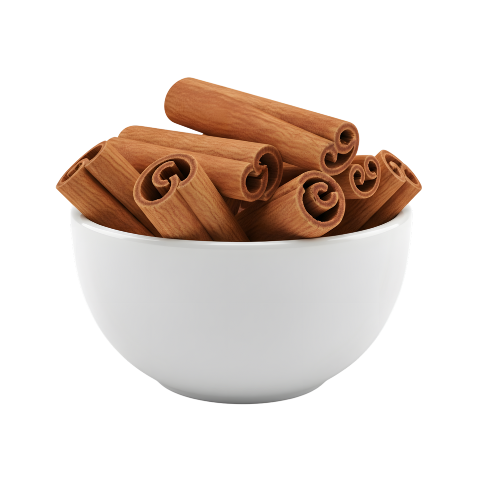 A white ceramic bowl overflowing with dried cinnamon sticks showcasing their warm brown color and rolled texture isolated on transparent background png