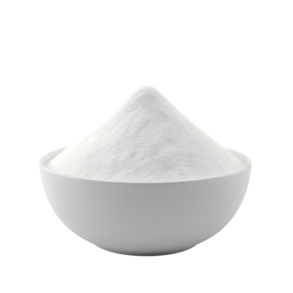 A white bowl filled with a generous mound of fine white powder creating a smooth peak isolated on transparent background png