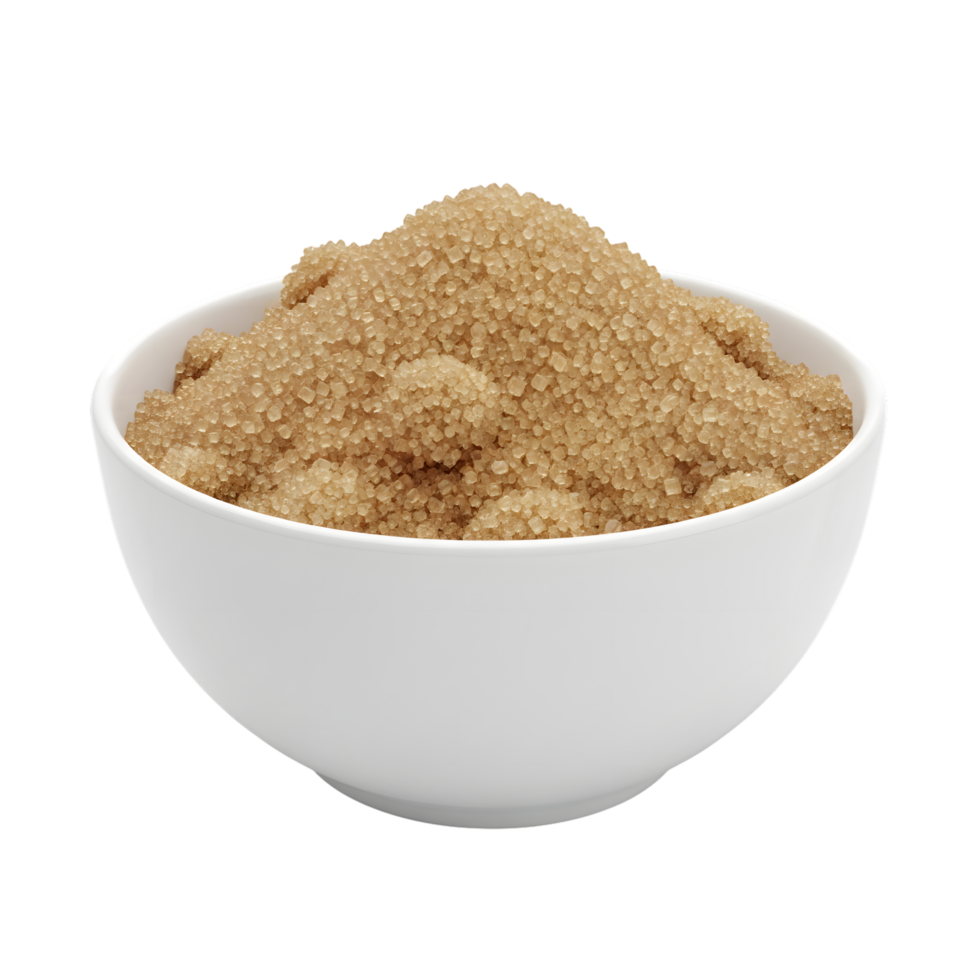 A white bowl filled with light brown sugar crystals showcasing its granular texture and warm color isolated on transparent background png