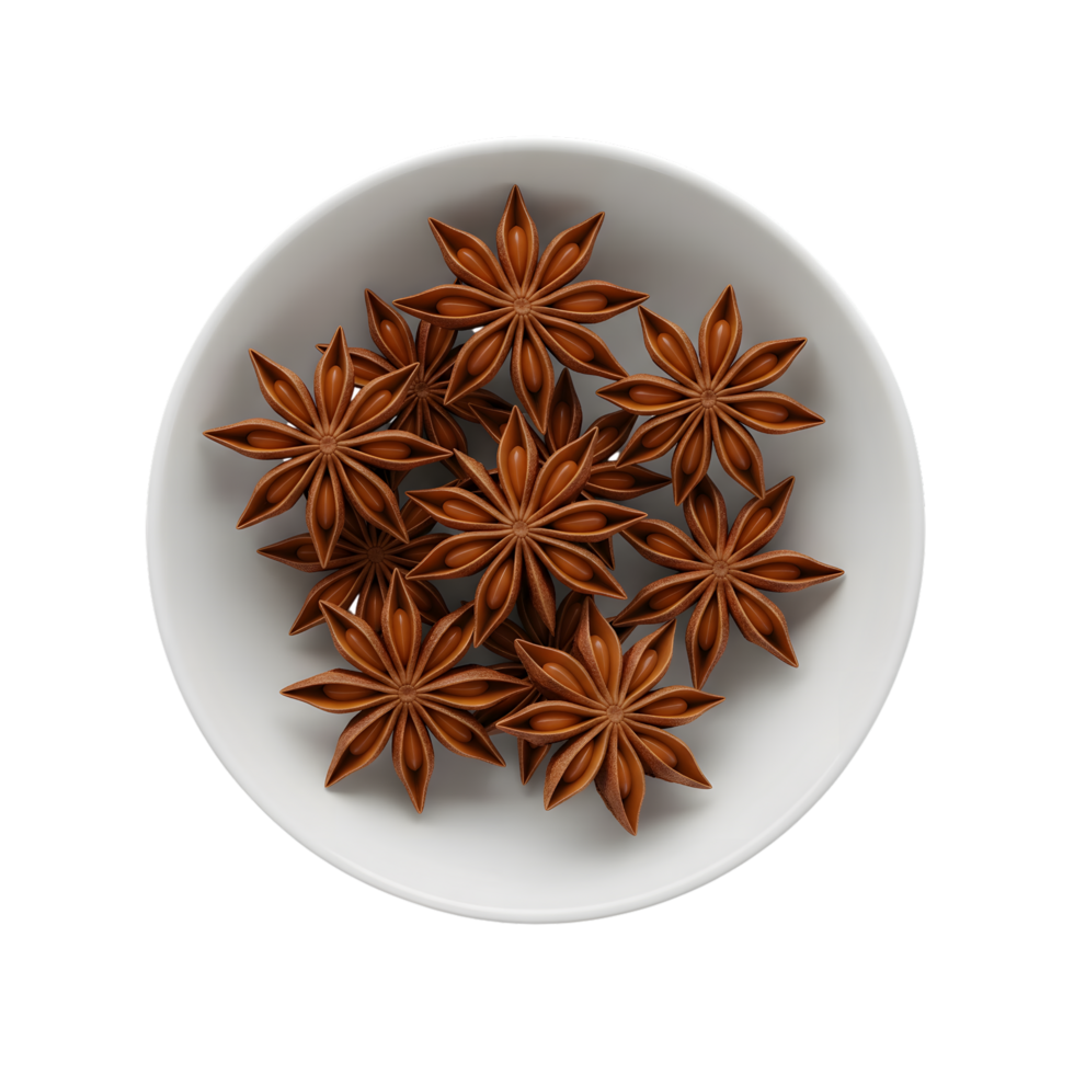A white bowl filled with star anise spice pods showing their distinct star shape and brown color isolated on transparent background png