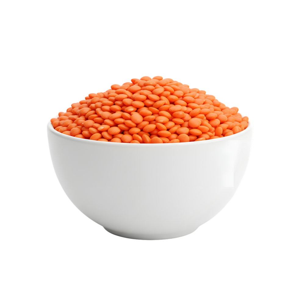 A white ceramic bowl overflowing with vibrant orange red lentils presented isolated on transparent background for versatile culinary design png