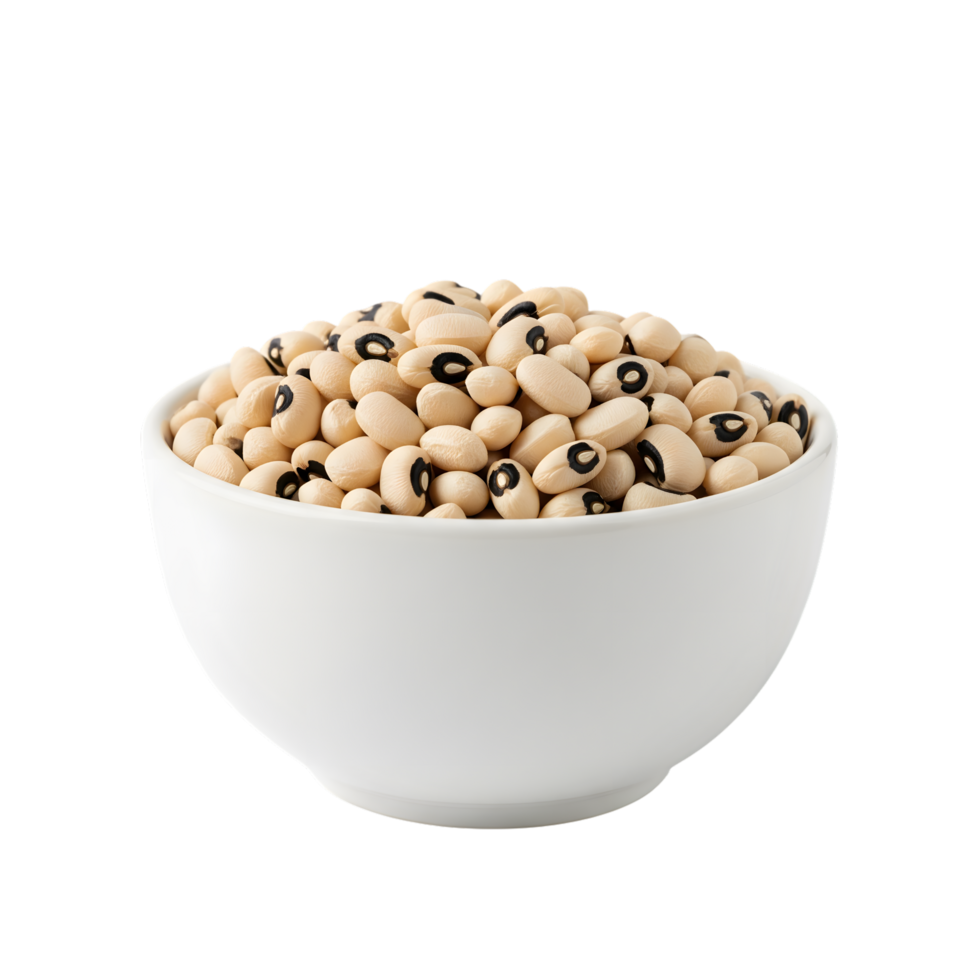 A white ceramic bowl filled with a generous portion of dried black eyed peas isolated on transparent background png