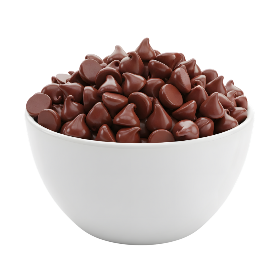 A white bowl overflowing with rich dark chocolate chips perfect for baking and desserts isolated on transparent background png