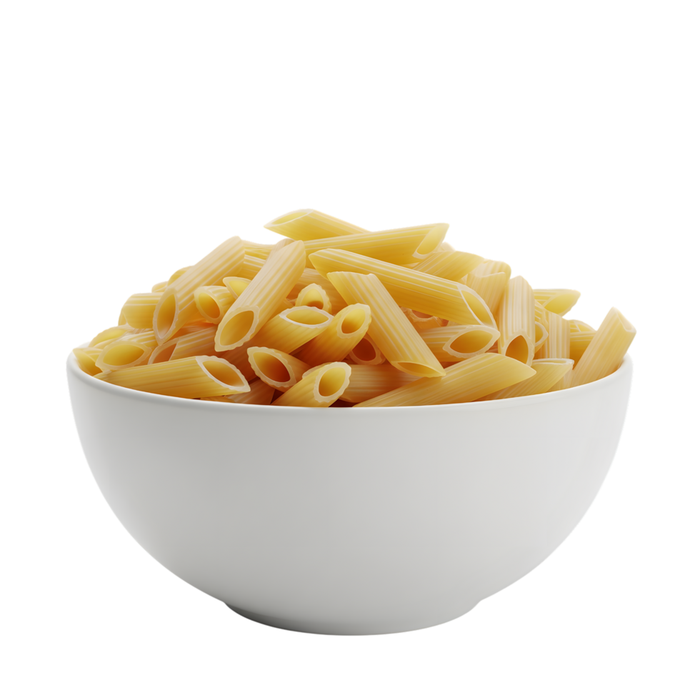 A white ceramic bowl filled with uncooked penne rigate pasta showcasing its textured surface and hollow tubes isolated on transparent background png
