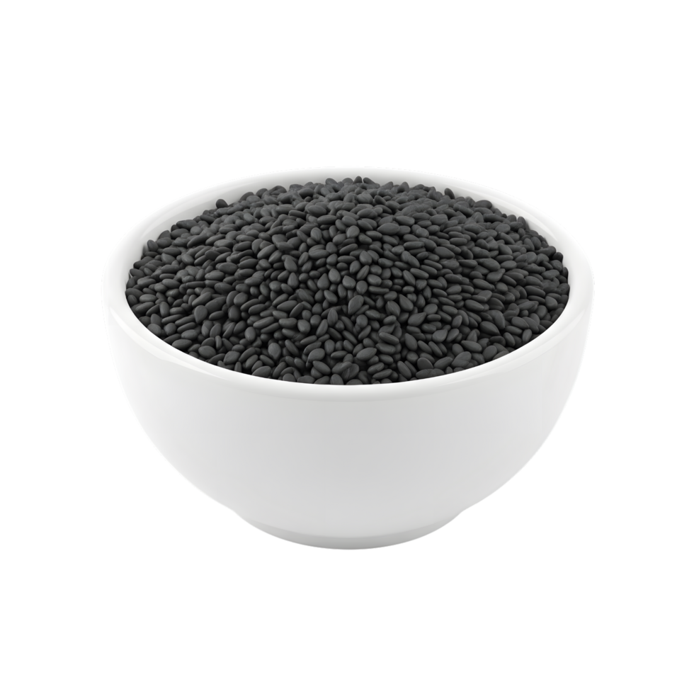 A white ceramic bowl filled with a generous portion of small dark black sesame seeds isolated on transparent background png