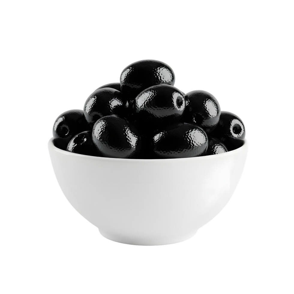 A white bowl filled with glossy black olives showcasing their smooth texture and deep color isolated on transparent background png