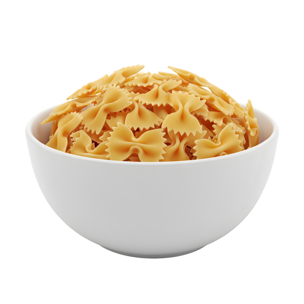 A white bowl filled with a generous portion of golden yellow farfalle pasta isolated on transparent background png