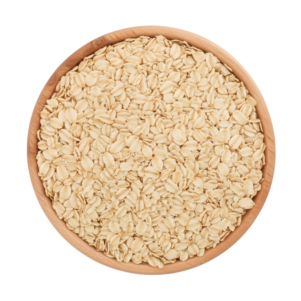Overhead view of a wooden bowl filled with rolled oats a healthy breakfast ingredient isolated on transparent background png