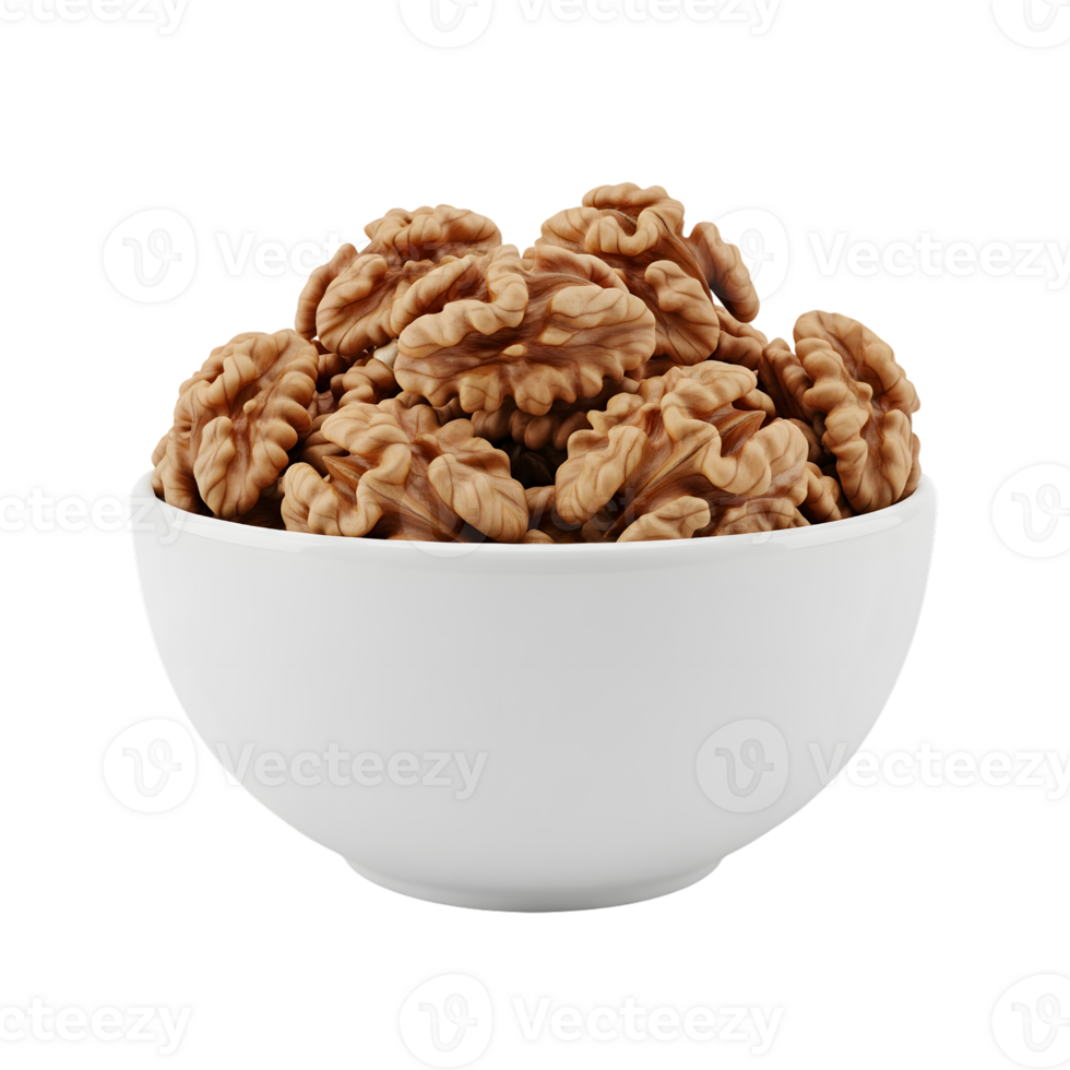 A white ceramic bowl overflowing with delicious and healthy shelled walnut halves isolated on transparent background png