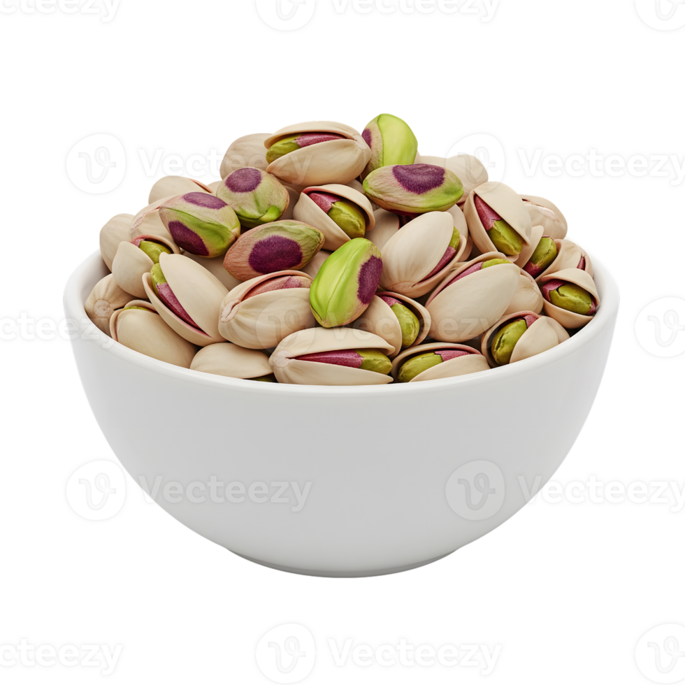 A white bowl overflowing with roasted and salted pistachios showcasing their vibrant green kernels and light beige shells isolated on transparent background png