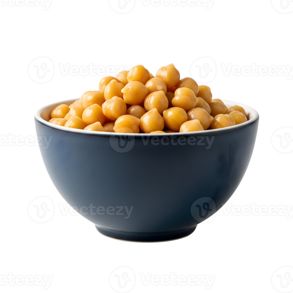 A full dark blue bowl overflowing with cooked yellow chickpeas presented isolated on a transparent background for easy use isolated on transparent background png