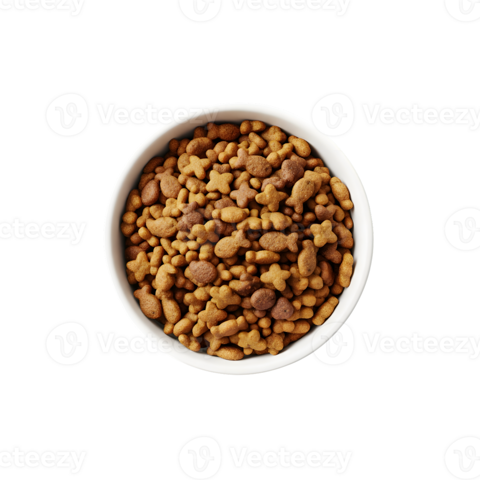 A white bowl filled with dry cat food kibble in various shapes including fish and stars isolated on transparent png