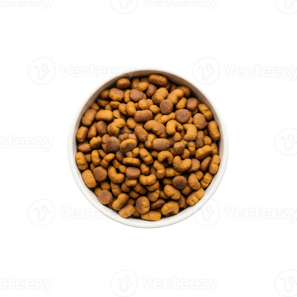 A white ceramic bowl filled with dry brown kibble dog food viewed from directly above isolated on transparent background png