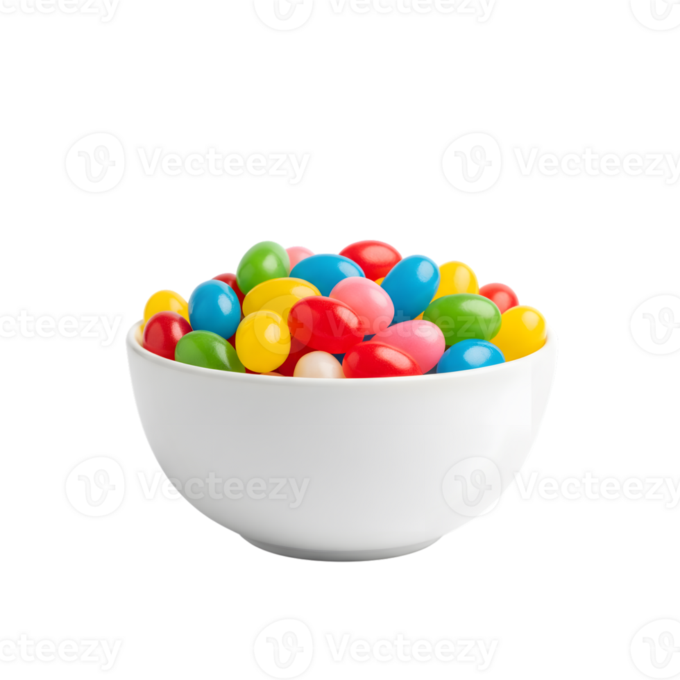 A white bowl overflowing with a vibrant assortment of colorful jelly beans isolated on transparent background png