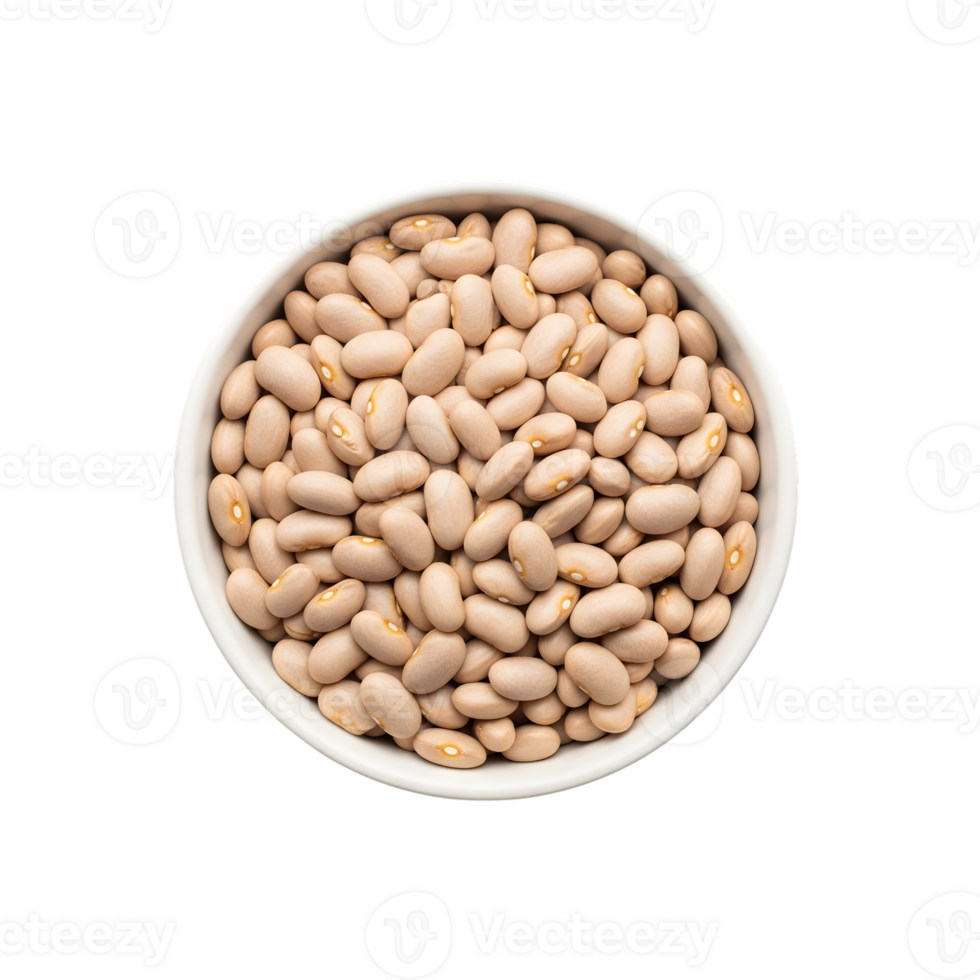 A white ceramic bowl filled with a generous portion of light brown dried beans presented isolated on transparent background png