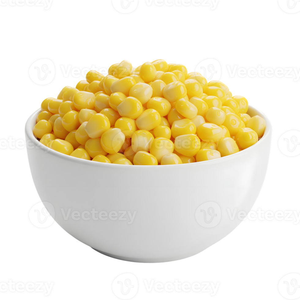 A white bowl overflowing with bright yellow sweet corn kernels showcasing their plump texture and vibrant color isolated on transparent background png