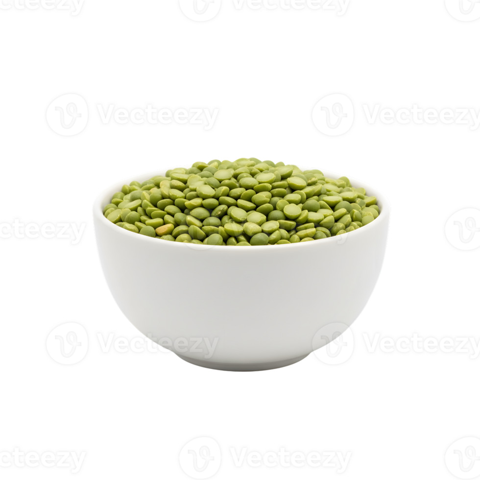 A white ceramic bowl filled with dried green split peas showcasing their vibrant color and texture isolated on transparent background png