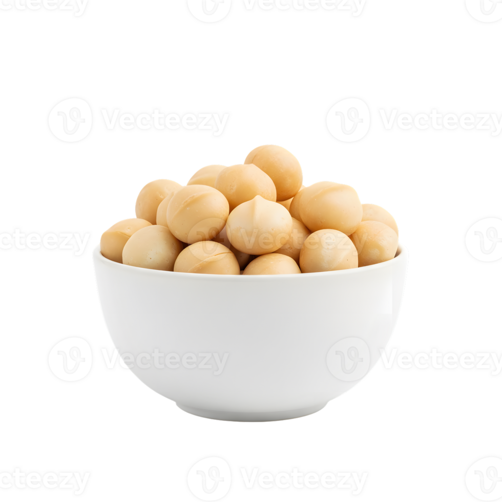 A white ceramic bowl filled with a generous serving of whole shelled macadamia nuts isolated on transparent background png