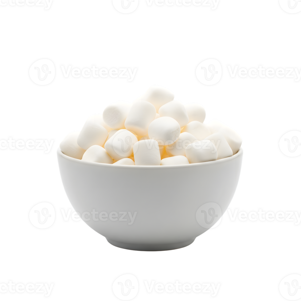 A white ceramic bowl overflowing with soft fluffy white marshmallows piled high isolated on transparent background png