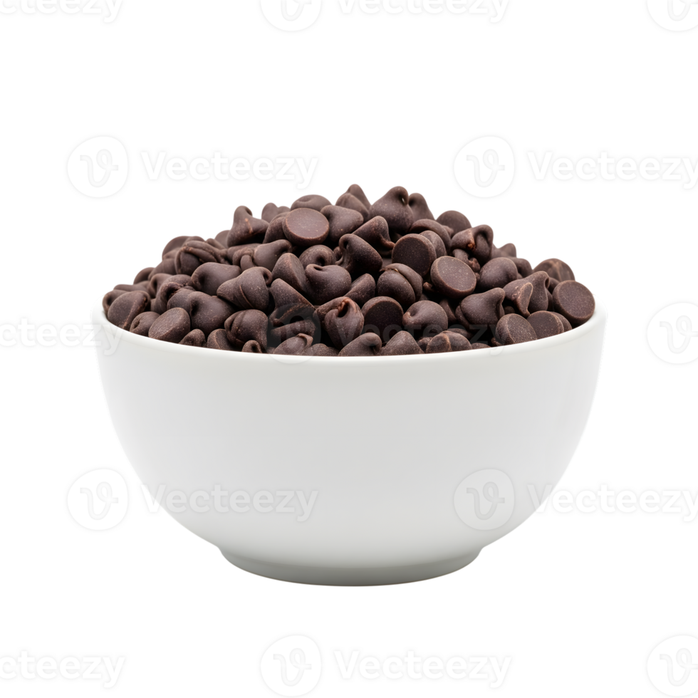 A white ceramic bowl overflowing with rich dark chocolate chips creating a tempting dessert ingredient isolated png